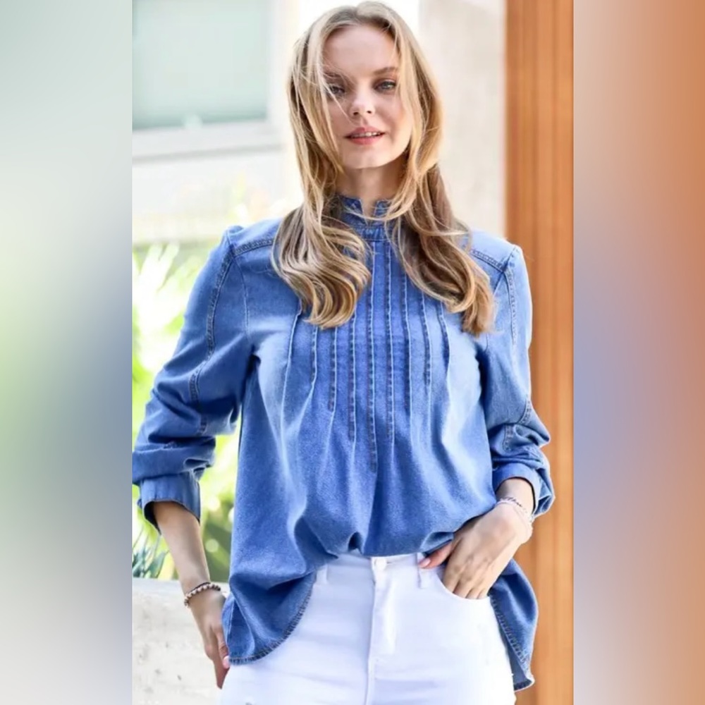 NWT! Pleated & Puffed Denim Blouse